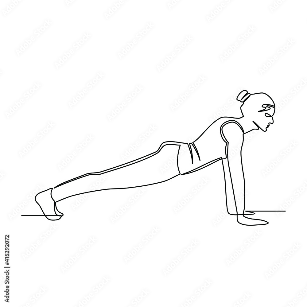 Line drawing of young woman training doing push ups in a fitness training gym. Templates for your designs. Vector illustration Line drawing of young woman training doing push ups in a fitness training gym. Templates for your designs. Vector illustration