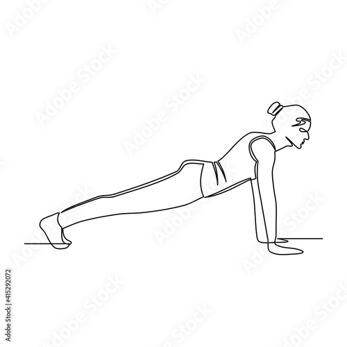 Line drawing of young woman training doing push ups in a fitness training gym. Templates for your designs. Vector illustration