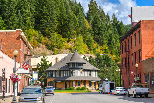 Picturesque turn of the century buildings in the historic mining mountain town of Wallace, Idaho, USA, a Superfund site due to comtamination. photo