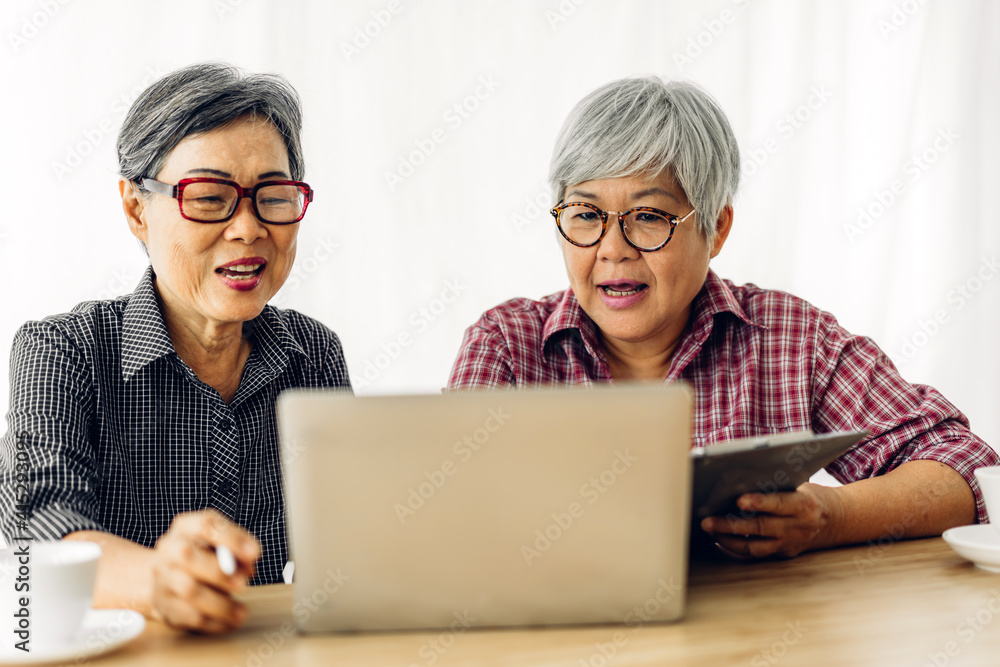 Portrait of two friend happy senior adult elderly asia women smiling and working with laptop computer at home.Retirement concept Portrait of two friend happy senior adult elderly asia women smiling and working with laptop computer at home.Retirement concept