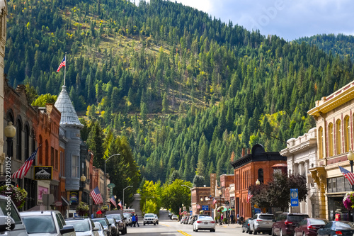 Main street with it's turn of the century brick buildings in the historic mining town of Wallace, Idaho, in the Silver Valley area of Northwest USA photo