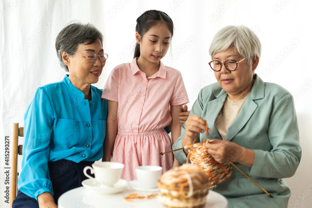 Portrait of happy asian grandmother and little asian cute girl enjoy relax in home.Young girl with their laughing grandparents smiling together.Family and togetherness Portrait of happy asian grandmother and little asian cute girl enjoy relax in home.Young girl with their laughing grandparents smiling together.Family and togetherness