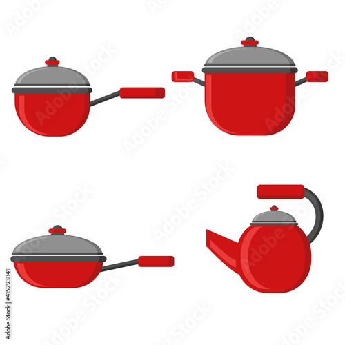 Set of kitchen utensils in red-gray color, kitchen pans with lids