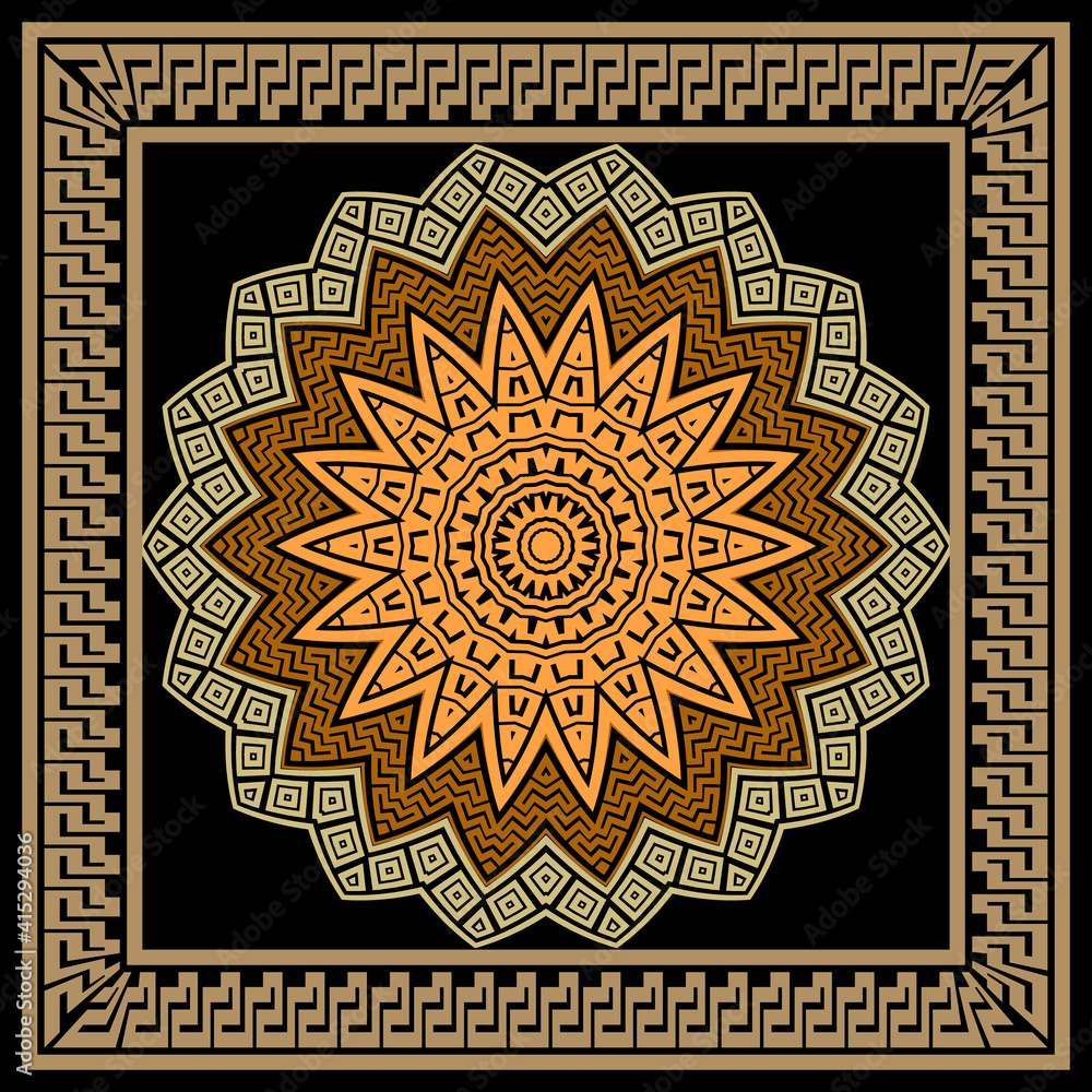 Floral colorful mandala pattern. Square frame. Vector ornamental background. Decorative tribal ethnic backdrop. Greek ornaments. Abstract round flower with zigzag lines, greek key, meanders, borders