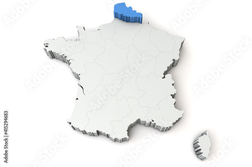 Fotografie, Obraz Map of France showing nord pas de calais region. 3D Rendering