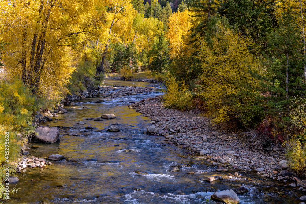 Fototapeta premium San Miguel River - A colorful Autumn view of upper San Miguel River winding in a steep canyon. Telluride, Colorado, USA.