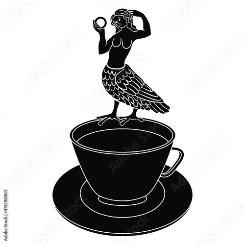 Medieval Siren or harpy standing on rim of tea or coffee cup. Half bird half woman. Creative funny beverage concept. Black and white silhouette.