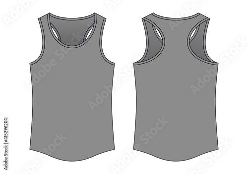 Blank Gray Tank Top Template on White Background. Front and Back Views, Vector File