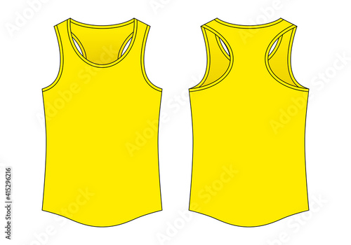 Blank Yellow Tank Top Template on White Background. Front and Back View, Vector File.