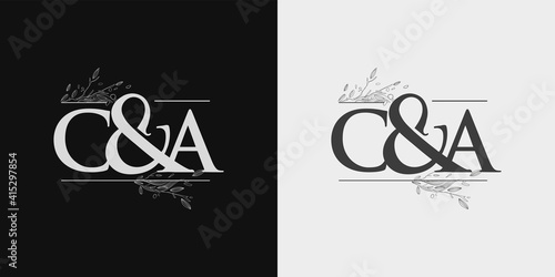 CA Initial logo, Ampersand initial Logo with Hand Draw Floral, Initial Wedding Font Logo Isolated on Black and White Background.