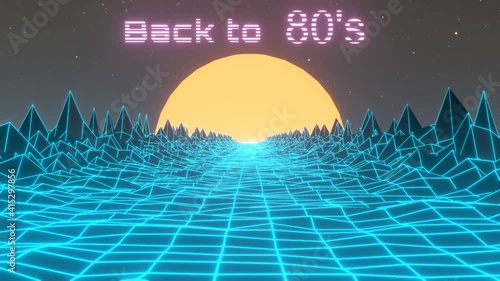 Digital 80s abstract 3D animation background. Retro dance party sci-fi seamless loop. Futuristic sunset neon lights and low poly terrain.