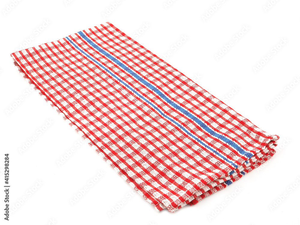 Closeup of red and white checkered fabric or napkin isolated on white background. Concept kitchen utensils and tableware.. Closeup of red and white checkered fabric or napkin isolated on white background. Concept kitchen utensils and tableware..
