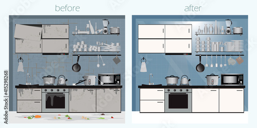 Kitchen before and after cleaning dirty dish in kitchen.