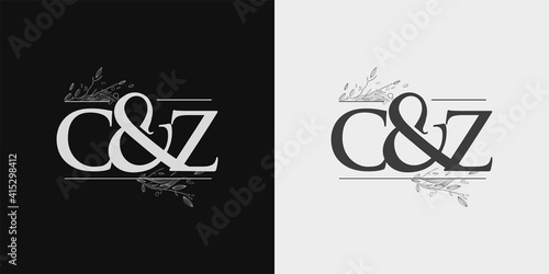 CZ Initial logo, Ampersand initial Logo with Hand Draw Floral, Initial Wedding Font Logo Isolated on Black and White Background.
