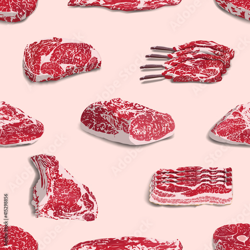 Meat pattern, various pieces of raw meat, realistic illustration. Background for a butcher shop