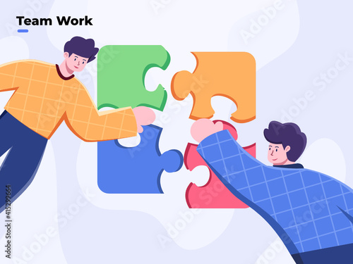 Teamwork and team building flat style vector illustration. Team metaphor. People connecting puzzle. Business person assembling jigsaw puzzle. Solve business problem together. Working Together.