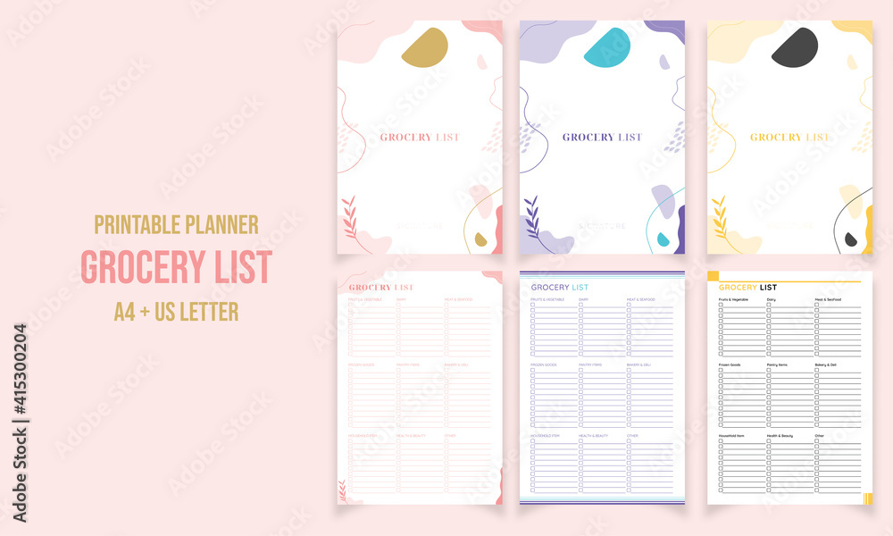 Minimalist grocery list planner pages design collection vector template  - obrazy, fototapety, plakaty 