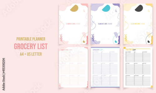 Minimalist grocery list planner pages design collection vector template 