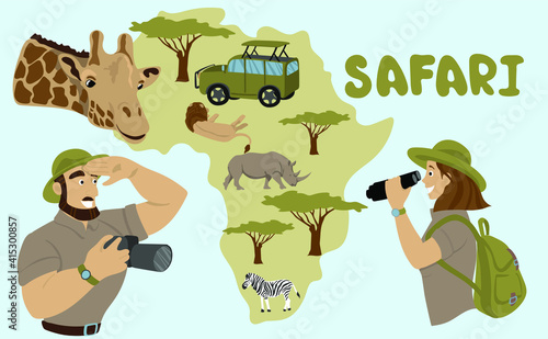 Safari in Africa. A girl with backpack and binoculars looks at the wild animals. Lion, rhino, zebra and giraffe. Safari jeep. Male photographer. Zanzibar
