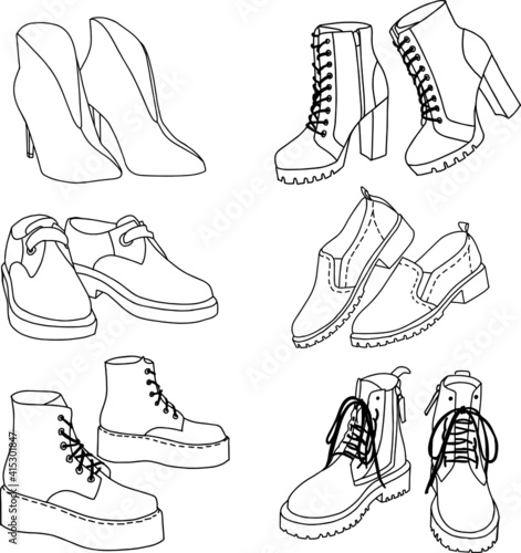 Fashion collection of female boots. Autumn shoes. Simple icon set. Line style