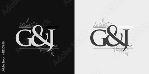 GJ Initial logo, Ampersand initial Logo with Hand Draw Floral, Initial Wedding Font Logo Isolated on Black and White Background.