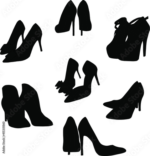 Black female shoes silhouettes on white background. Simple style. Icon set. Vector illustration