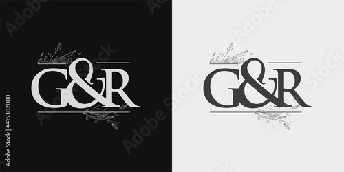 GR Initial logo, Ampersand initial Logo with Hand Draw Floral, Initial Wedding Font Logo Isolated on Black and White Background.