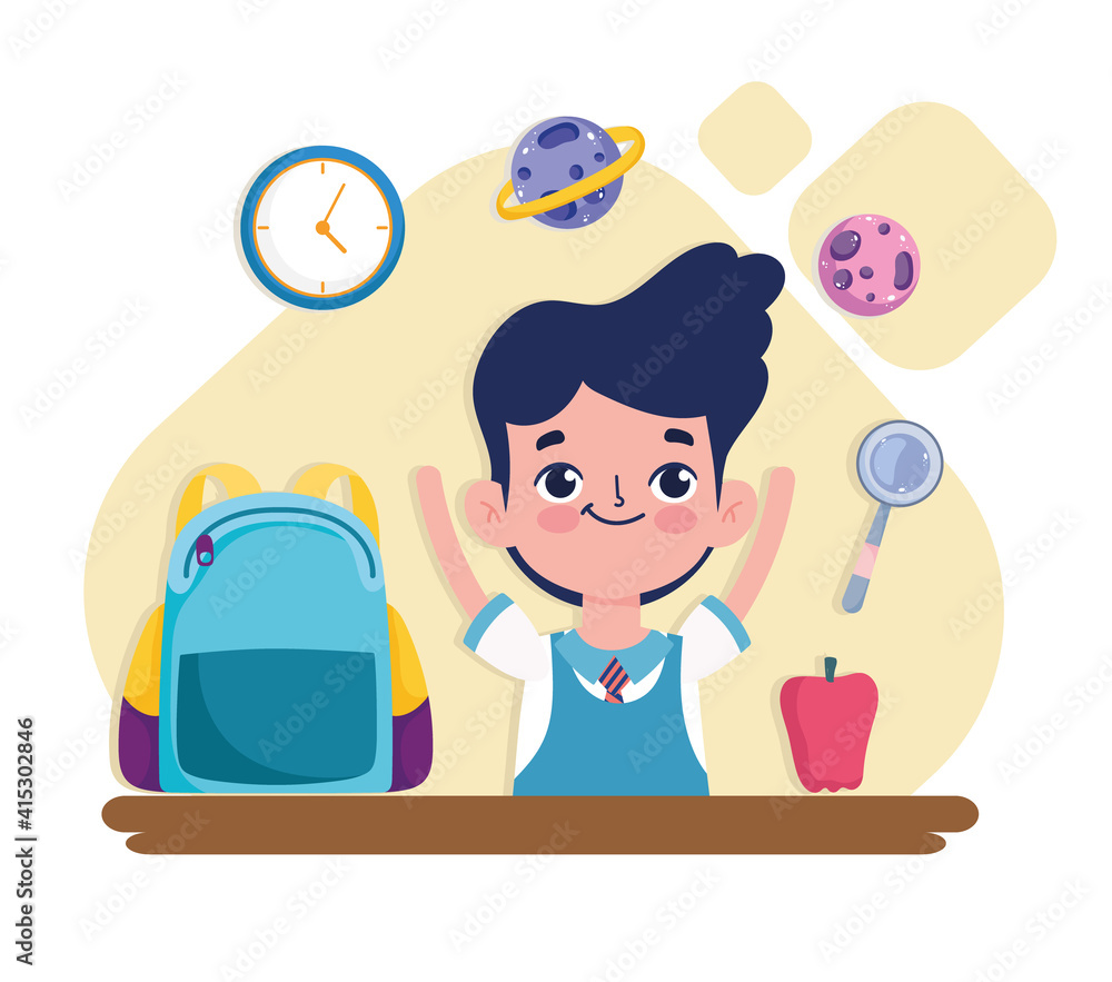 School little boy student with backpack apple clock cartoon School little boy student with backpack apple clock cartoon