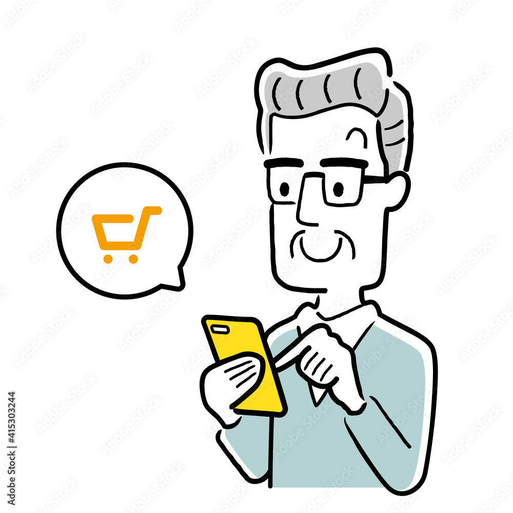 ベクターイラスト素材：スマートフォンで買い物をするシニア男性

