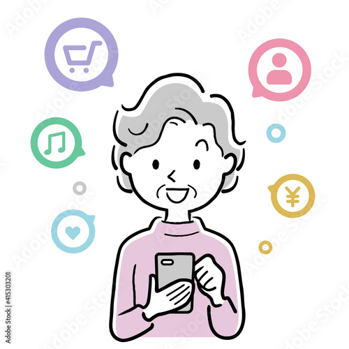 ベクターイラスト素材：スマートフォンのアプリを利用するシニア女性
