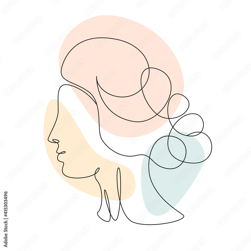 Continuous one line drawing of a woman's face. Elegant minimalist portrait of Aphrodite with abstract pastel shape for a logo, emblem or web banner. Vector illustration Continuous one line drawing of a woman's face. Elegant minimalist portrait of Aphrodite with abstract pastel shape for a logo, emblem or web banner. Vector illustration