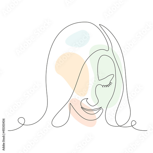 Continuous line drawing of woman face. Elegant Minimalistic art with abstract shape for logo, emblem or print for t-shirt. Vector illustration