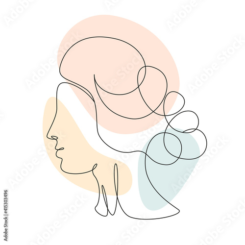 Continuous one line drawing of a woman's face. Elegant minimalist portrait of Aphrodite with abstract pastel shape for a logo, emblem or web banner. Vector illustration