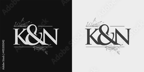 KN Initial logo, Ampersand initial Logo with Hand Draw Floral, Initial Wedding Font Logo Isolated on Black and White Background.