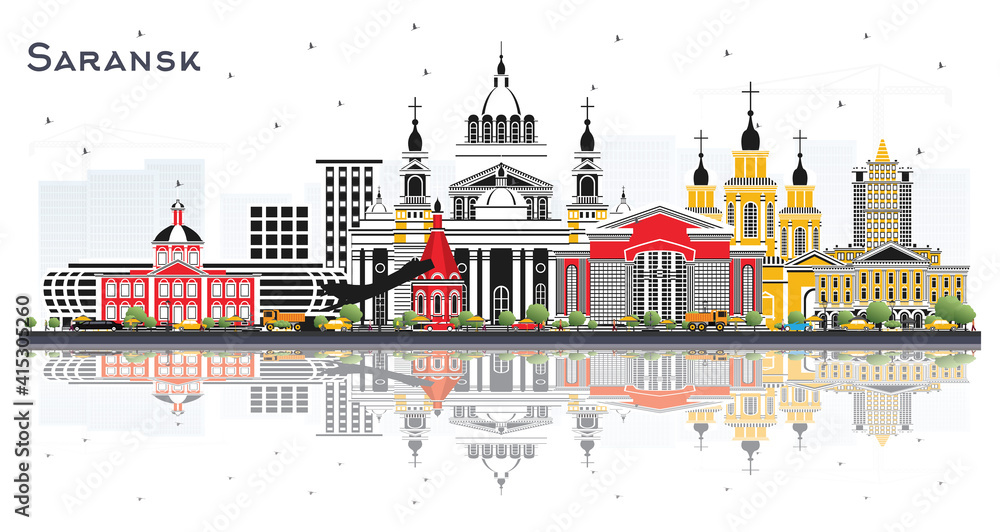 Saransk Russia City Skyline with Color Buildings and Reflections Isolated on White.