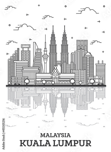 Outline Kuala Lumpur Malaysia City Skyline with Modern Buildings and Reflections Isolated on White.