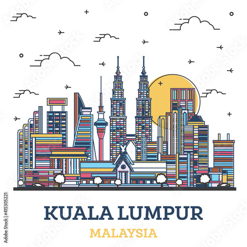 Outline Kuala Lumpur Malaysia City Skyline with Colored Modern Buildings Isolated on White.