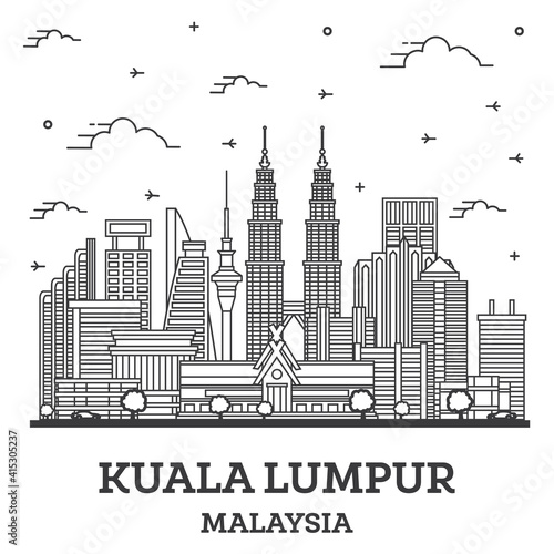 Fototapeta Naklejka Na Ścianę i Meble -  Outline Kuala Lumpur Malaysia City Skyline with Modern Buildings Isolated on White.