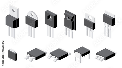 Transistors Set Isolated on White Background. Isometric Electronic Components. Icons Set. photo