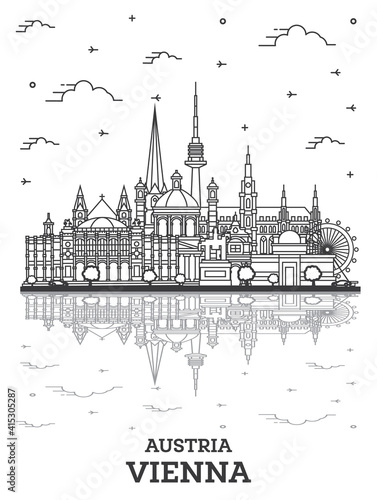 Outline Vienna Austria City Skyline with Historic Buildings and Reflections Isolated on White.