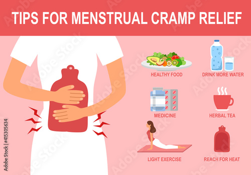 Tips for menstrual cramp relief infographic concept. Home remedies or useful advice for period pain relief.