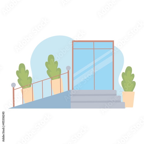 facade building ladder and potted plants cartoon