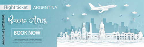 Flight and ticket advertising template with travel to Bueno Aires, Argentina concept and famous landmarks in paper cut style vector illustration