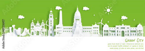 Green city of Bueno Aires, Argentina. Environment and ecology concept in paper cut style. Vector illustration.
