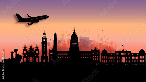 Watercolor of Bueno Aires, Argentina silhouette skyline and famous landmark. vector illustration.