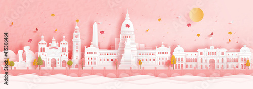 Autumn in Bueno Aires, Argentina with falling leaves and world famous landmarks in paper cut style vector illustration