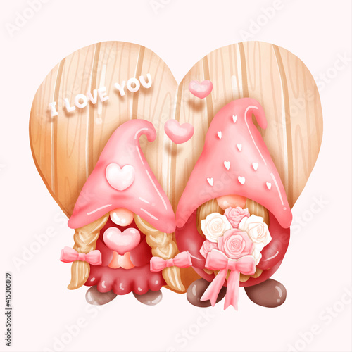 Watercolor Valentine's Card with gnome and heart wooden backdrop. 