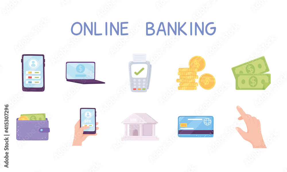 set of online banking bank coins money bills wallet smartphone and laptop set of online banking bank coins money bills wallet smartphone and laptop