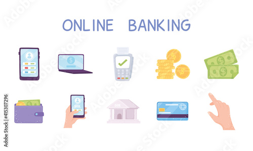 set of online banking bank coins money bills wallet smartphone and laptop