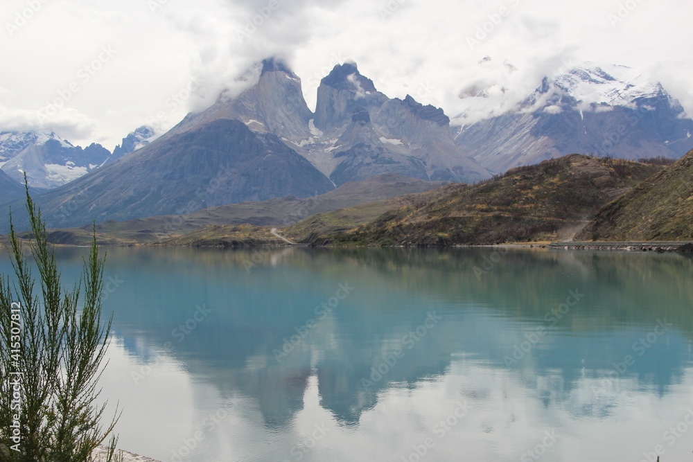 Reflections, Torres del Paine National Park, Patagonia, southern Chile. 